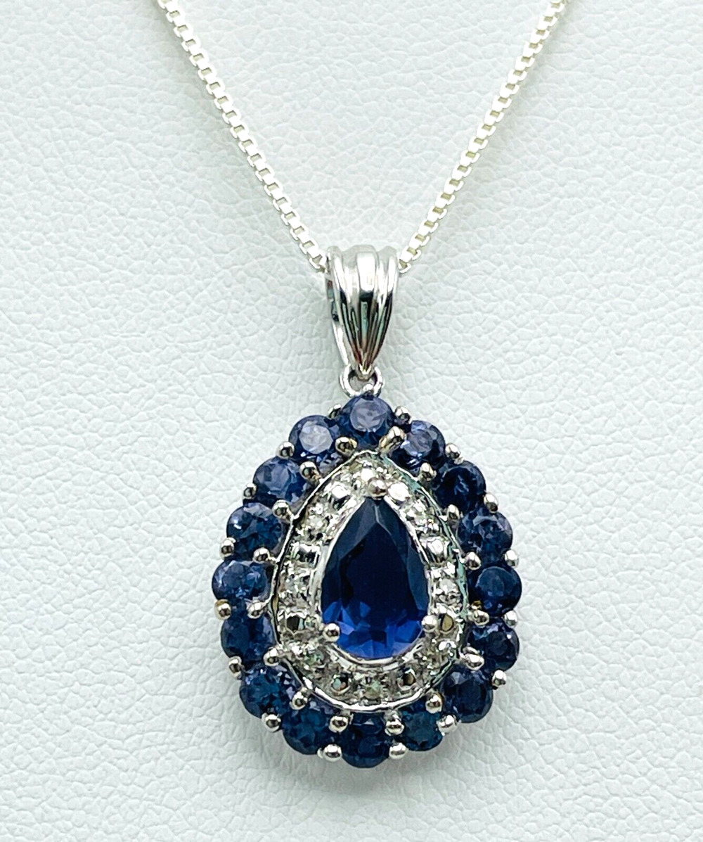 Sterling Silver 1.66CTW Pear and Round Iolite Pendant 925 Box Chain 18" Necklace